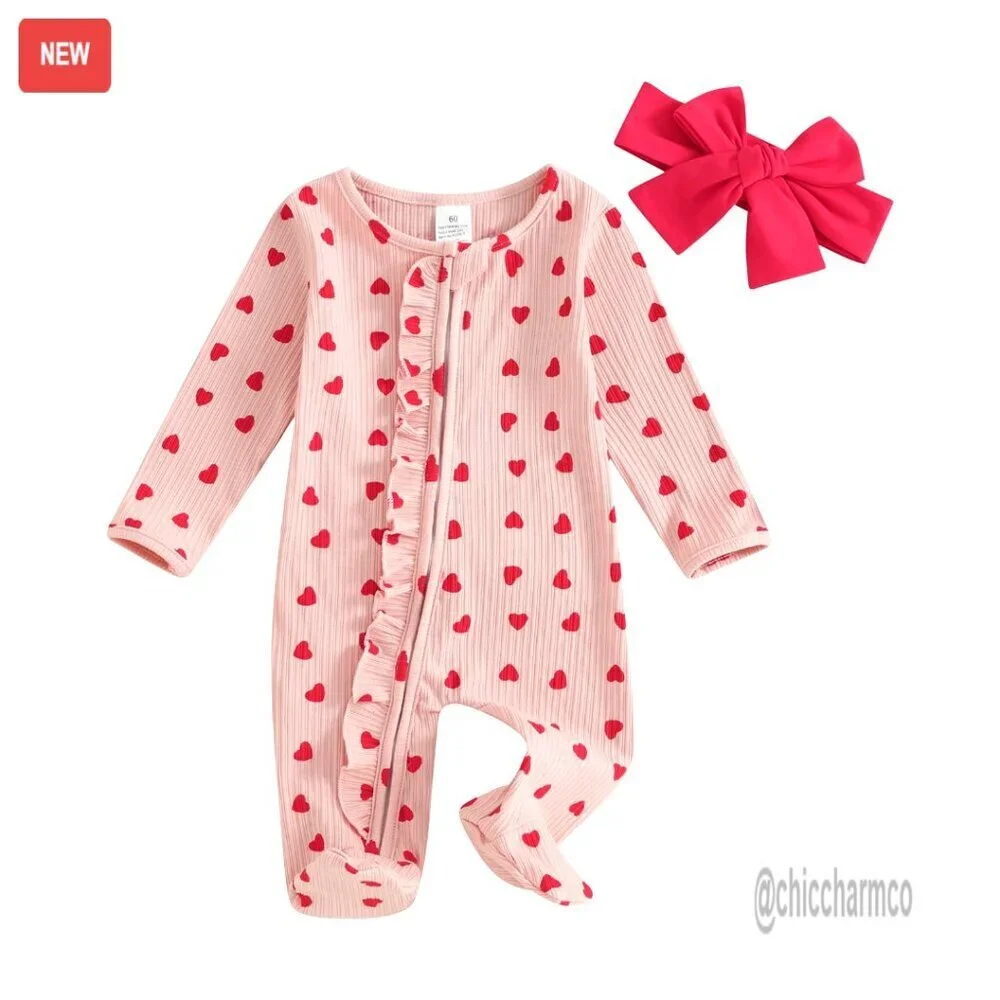 Newborn Baby Girl Ribbed Romper Long Sleeve Onesie 0-6 Months Cotton Blend